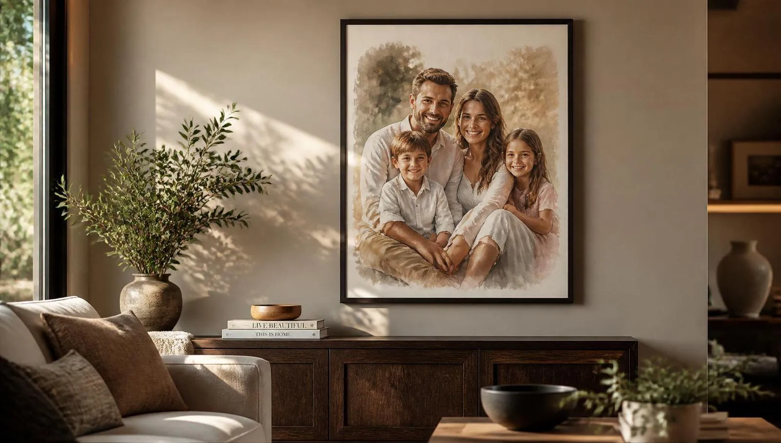 Personalised framed artwork displayed in a warm modern living room