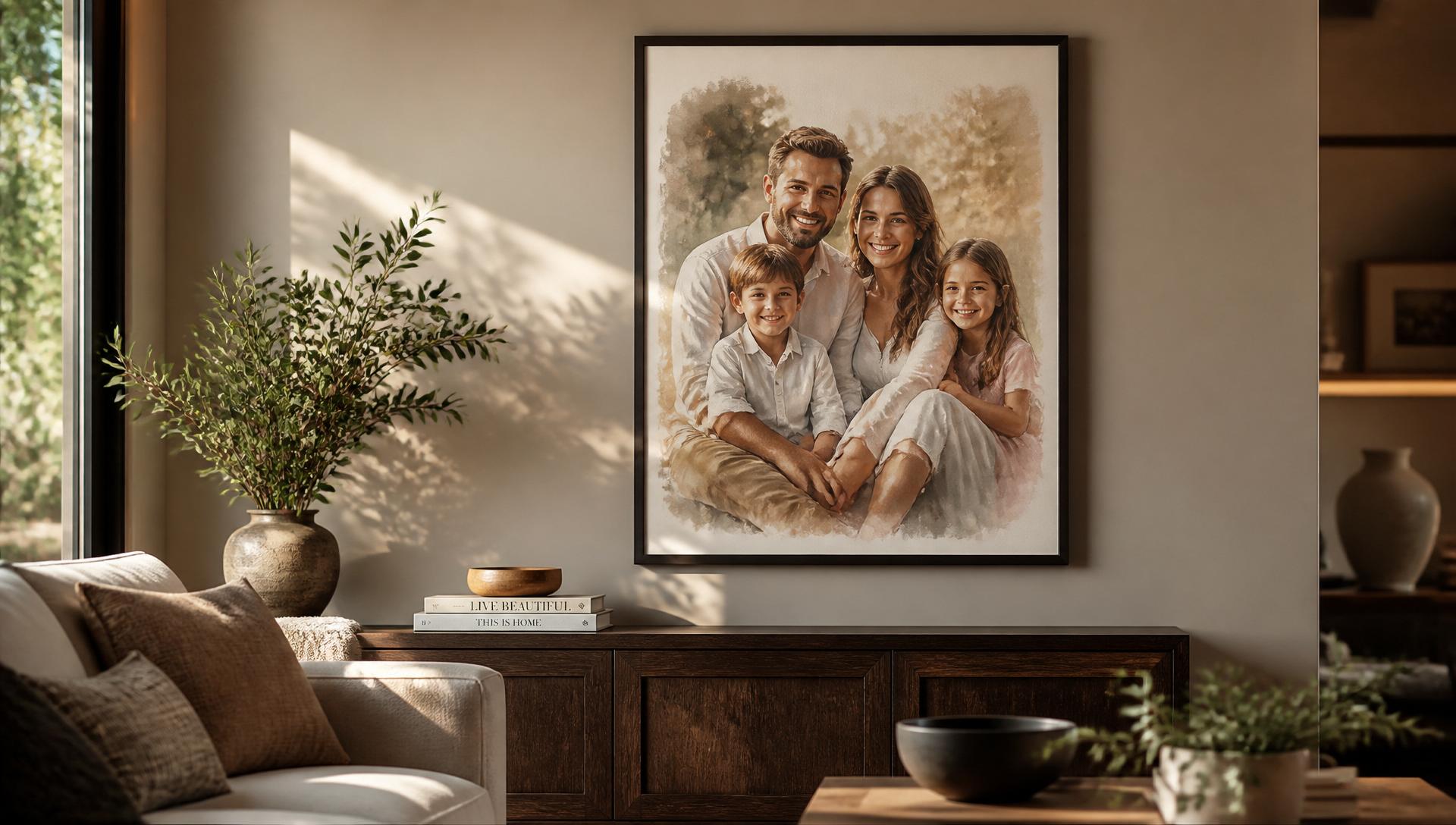 Personalised framed artwork displayed in a warm modern living room